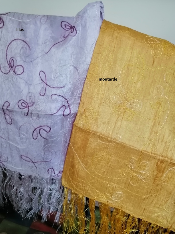 Foulards brods en soie d' Hanoi - couleurs lilas et moutarde